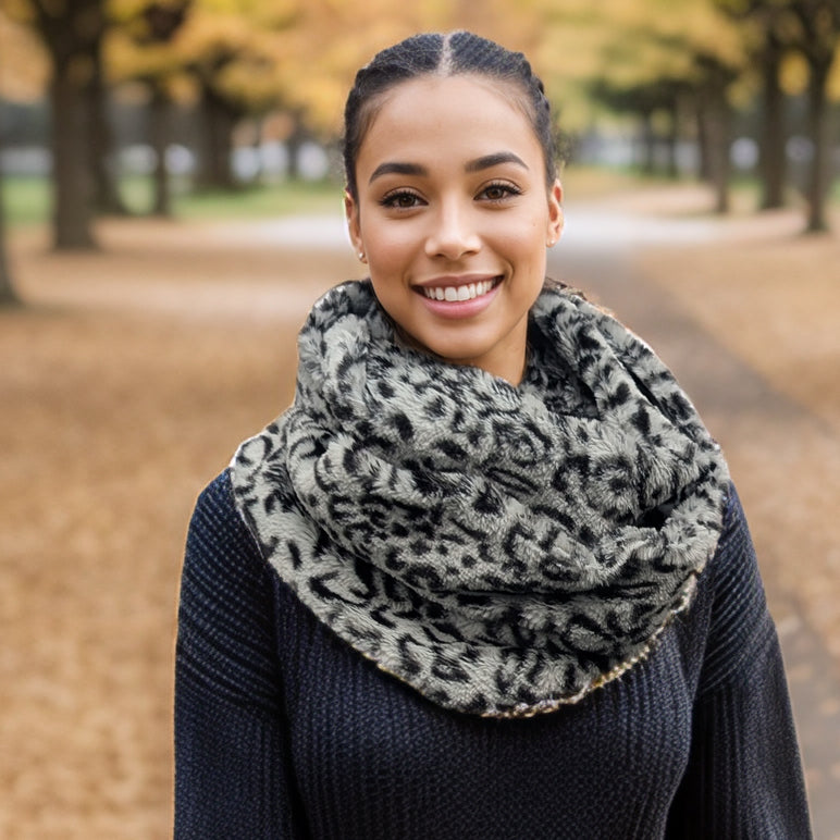 Black Ginger Animal Print Faux Fur Double Snood - Grey