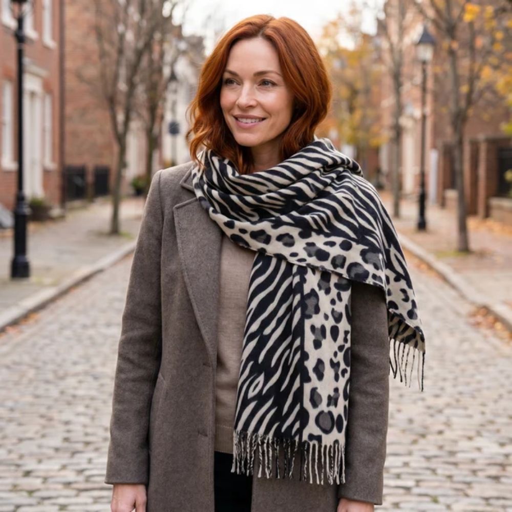 Black Ginger Arbonne - Animal Print Soft Scarf (70x180cm) - Black/White
