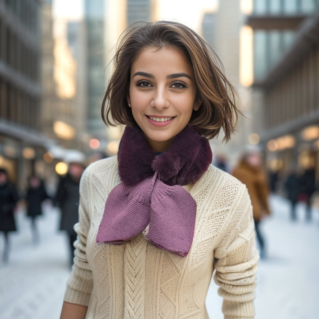 Black Ginger Bela Knitted Tie Fur Faux Collar Scarf - Purple