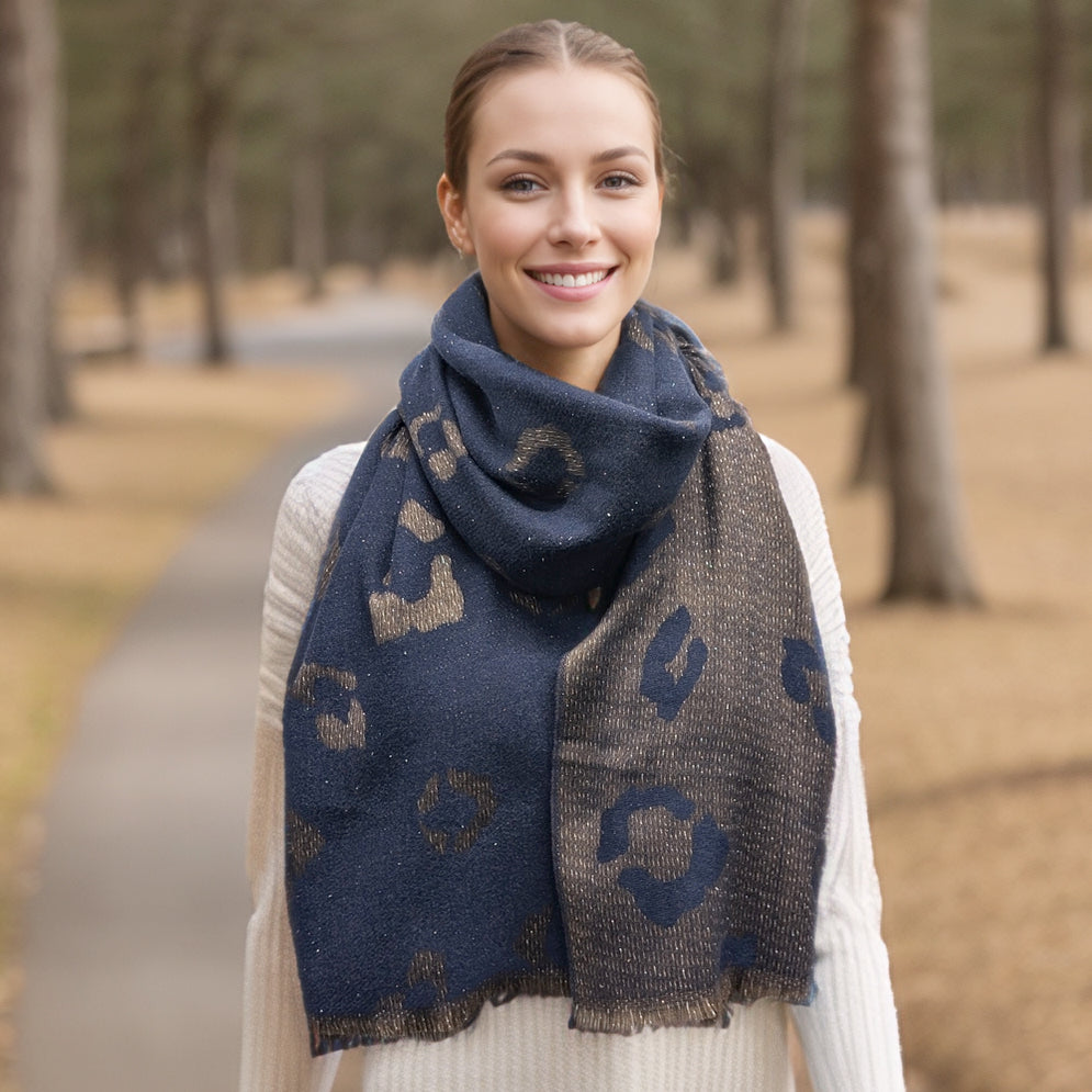 Black Ginger Buki Sparkling Animal Print Pashmina Scarf - Navy