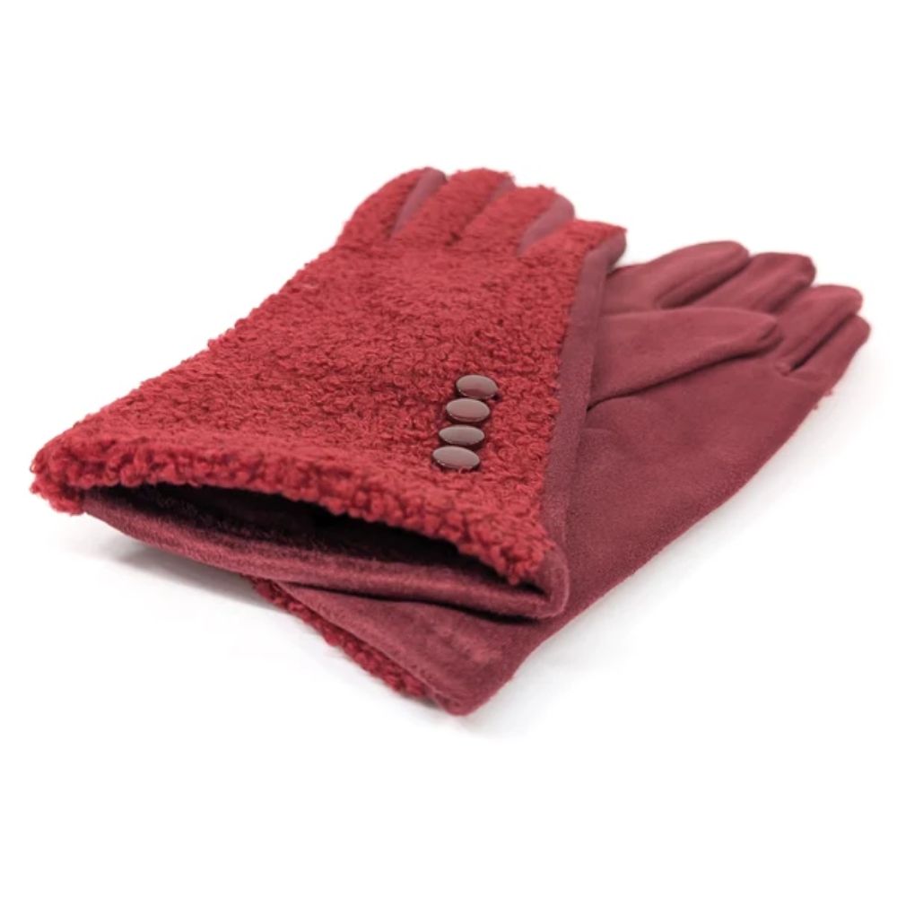 Black Ginger Buttoned Teddy Bear Gloves - Dark Red