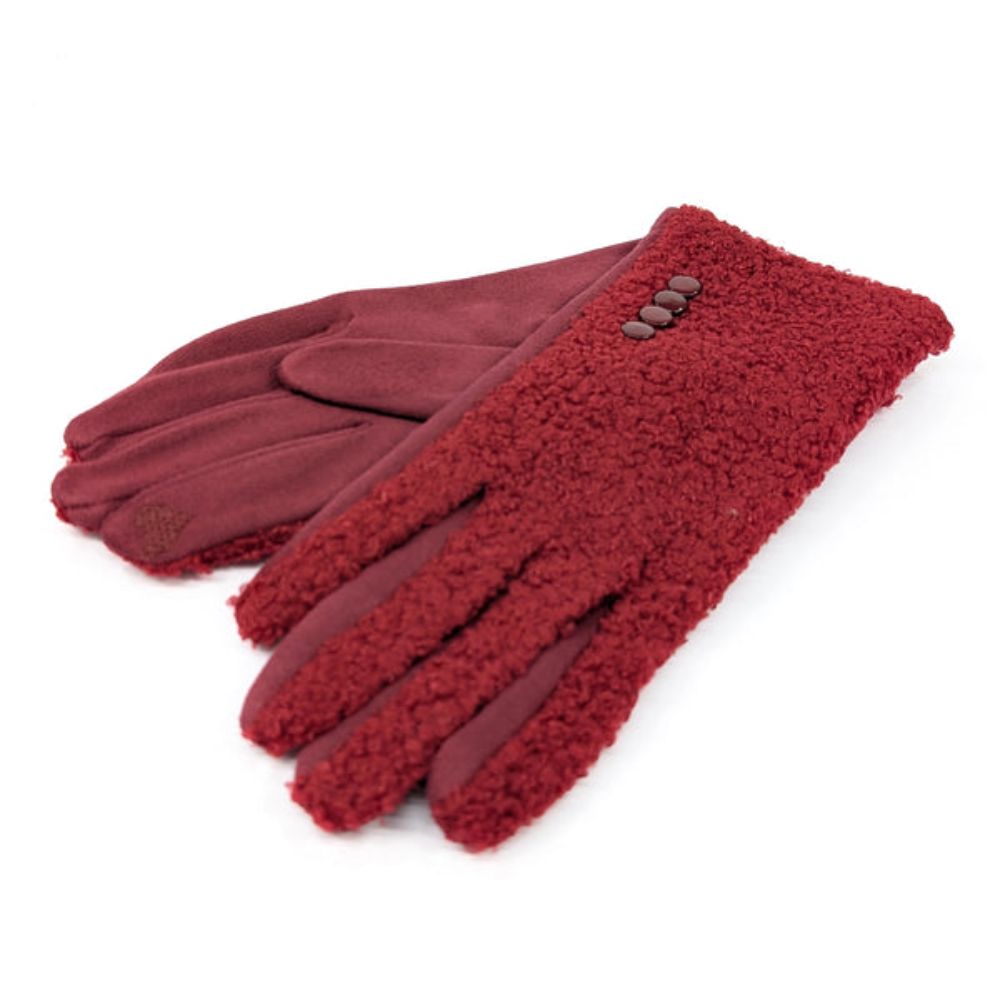 Black Ginger Buttoned Teddy Bear Gloves - Dark Red