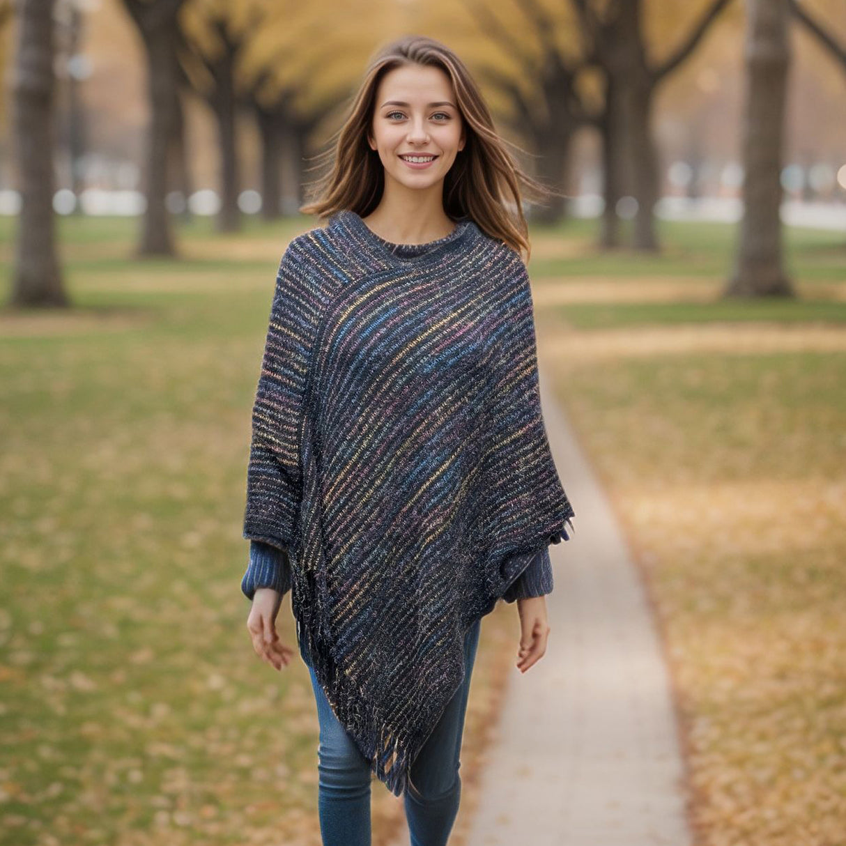 Black Ginger Catur Striped Knitted Poncho - Black