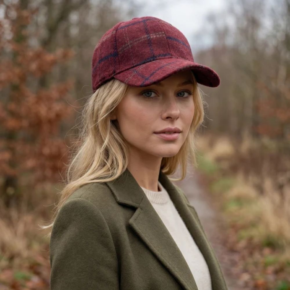 Black Ginger Check Wool Style Cap - Burgundy Red