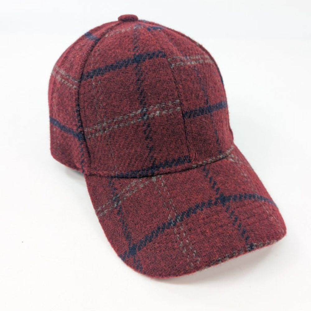 Black Ginger Check Wool Style Cap - Burgundy Red