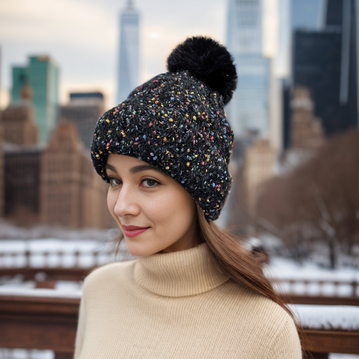 Black Ginger Confetti Faux Fur Pom Pom Hat - Black