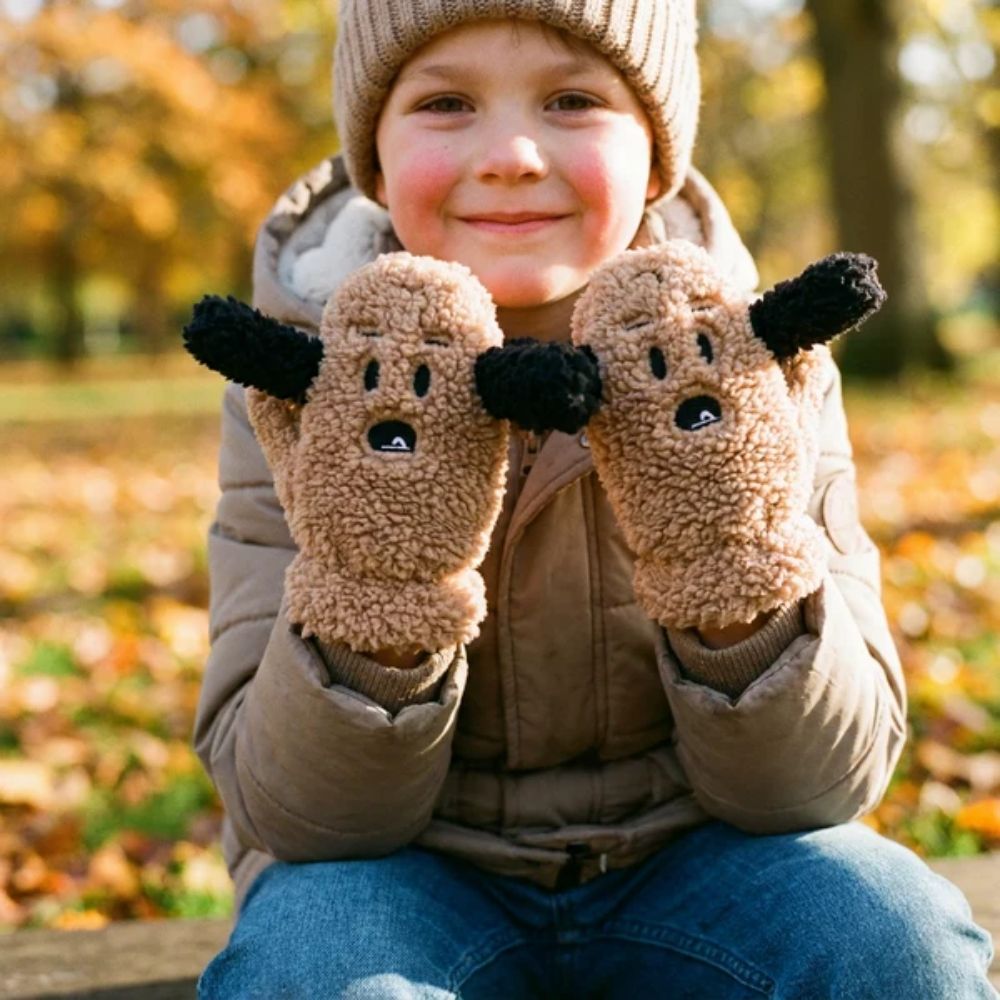 Black Ginger Doggy Teddy Bear Kids Gloves (4-8yrs) - Brown