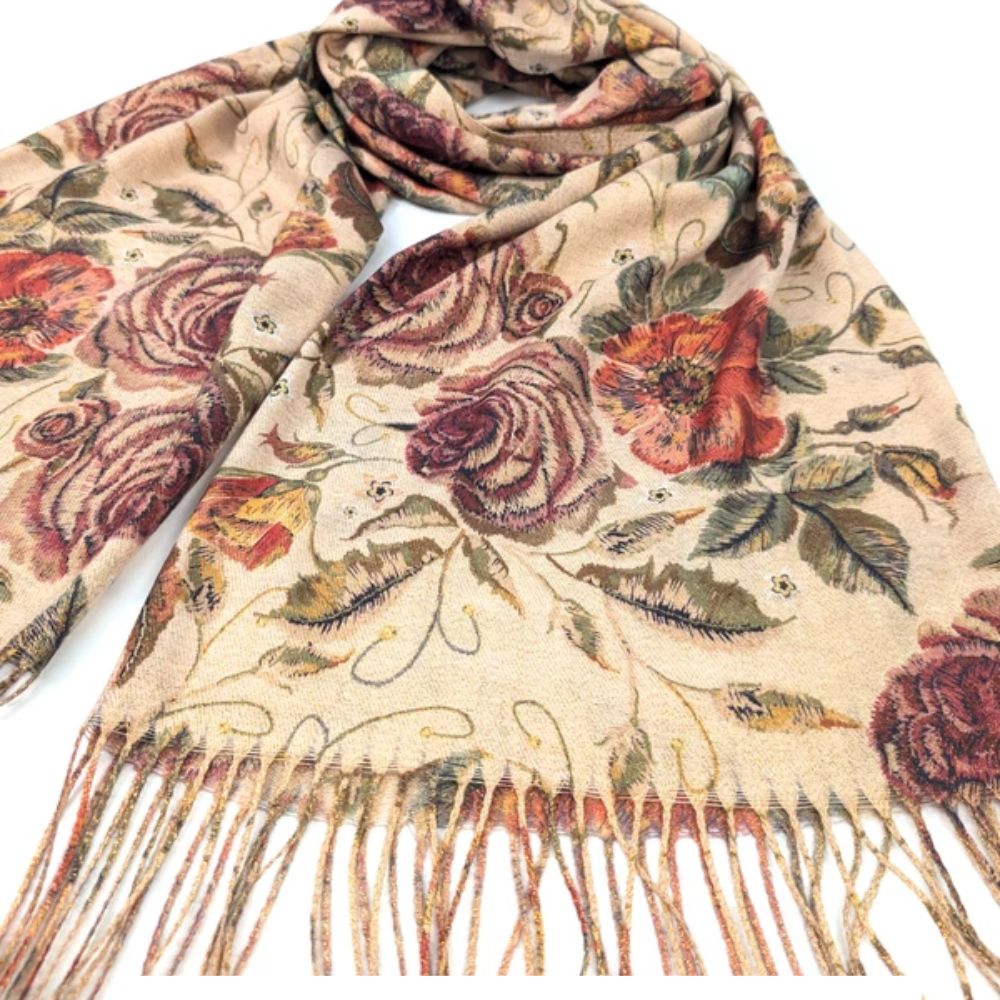 Black Ginger Dorrea - Vintage Roses Sparkling Scarf (70x180cm) - Cream