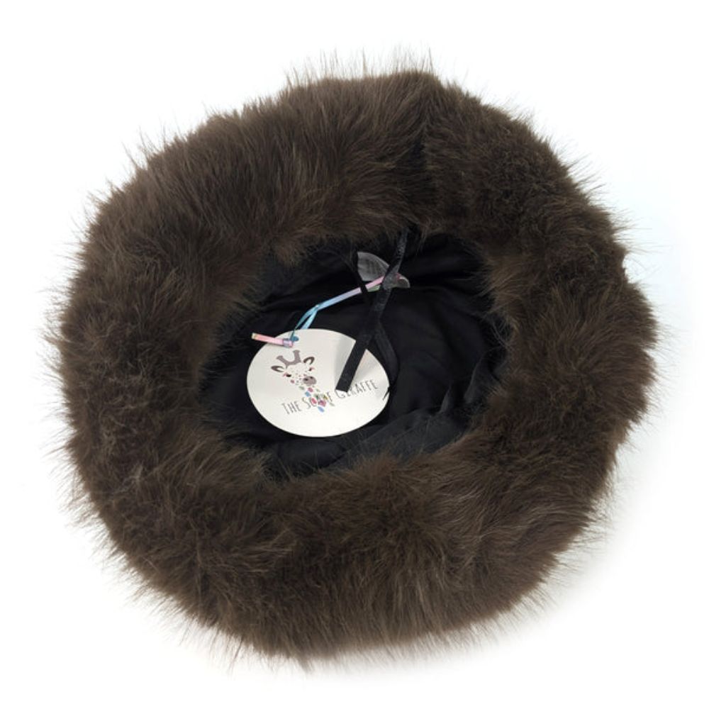 Black Ginger Faux Fur Animal Print Hat with Faux Fur Trim - Dark Brown