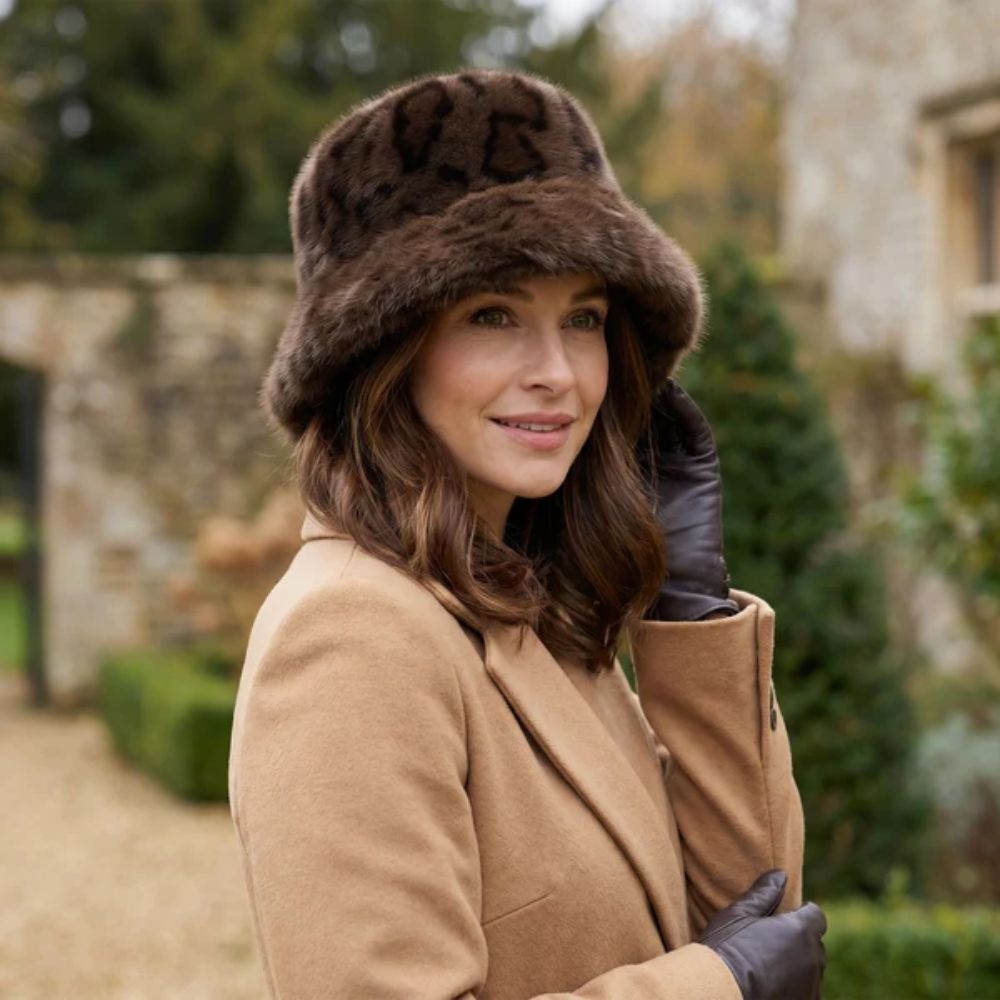 Black Ginger Faux Fur Animal Print Hat with Faux Fur Trim - Dark Brown