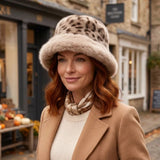 Black Ginger Faux Fur Animal Print Hat with Faux Fur Trim - Mink Brown