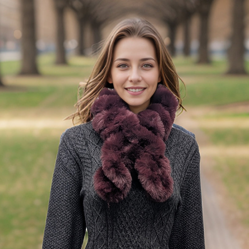 Black Ginger Faux Fur Corkscrew Collar Scarf - Dark Red