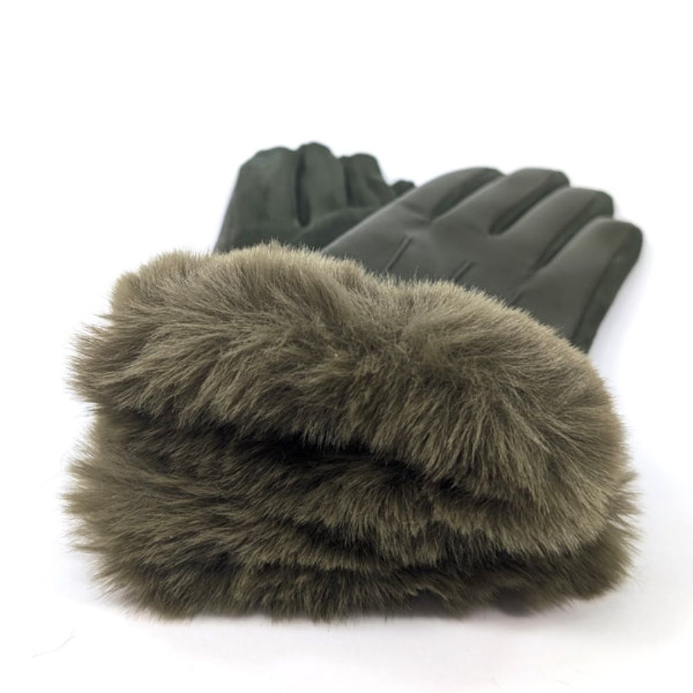 Black Ginger Faux Fur and Vegan Leather Gloves - Dark Green