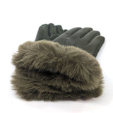 Black Ginger Faux Fur and Vegan Leather Gloves - Dark Green
