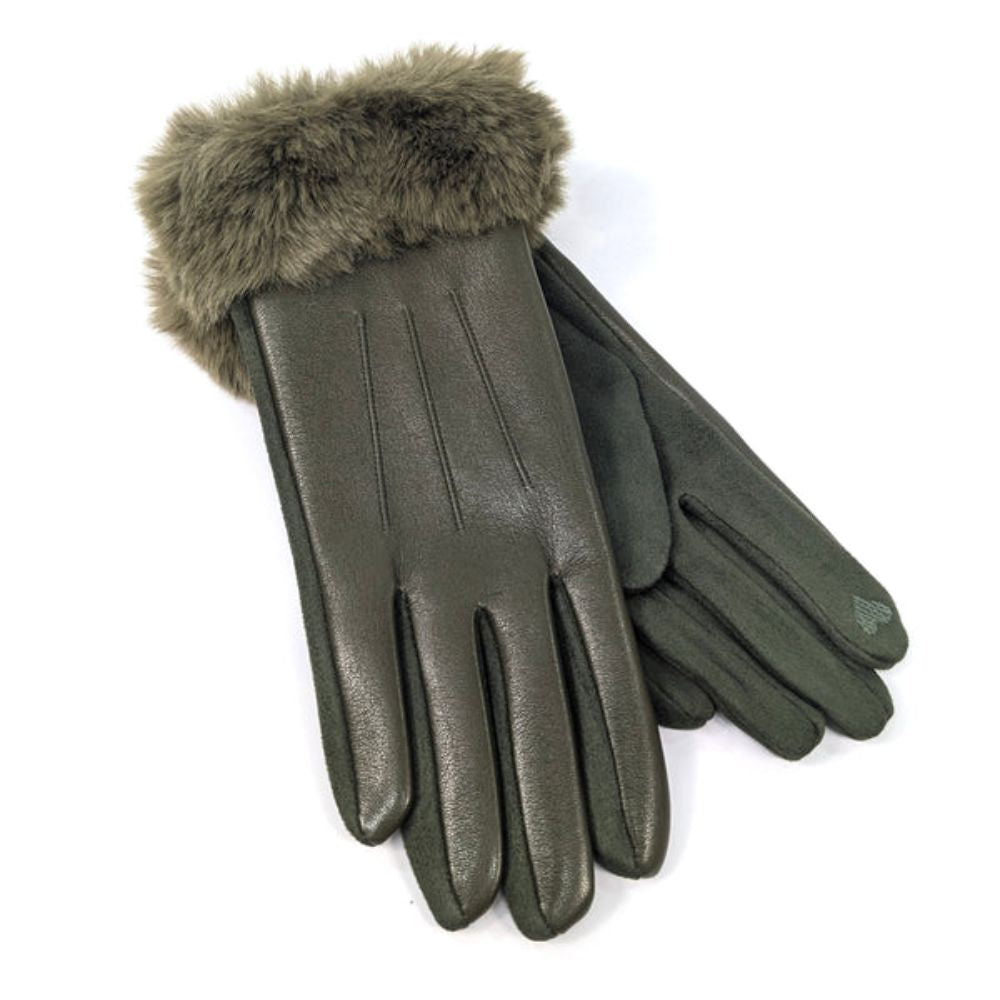 Black Ginger Faux Fur and Vegan Leather Gloves - Dark Green