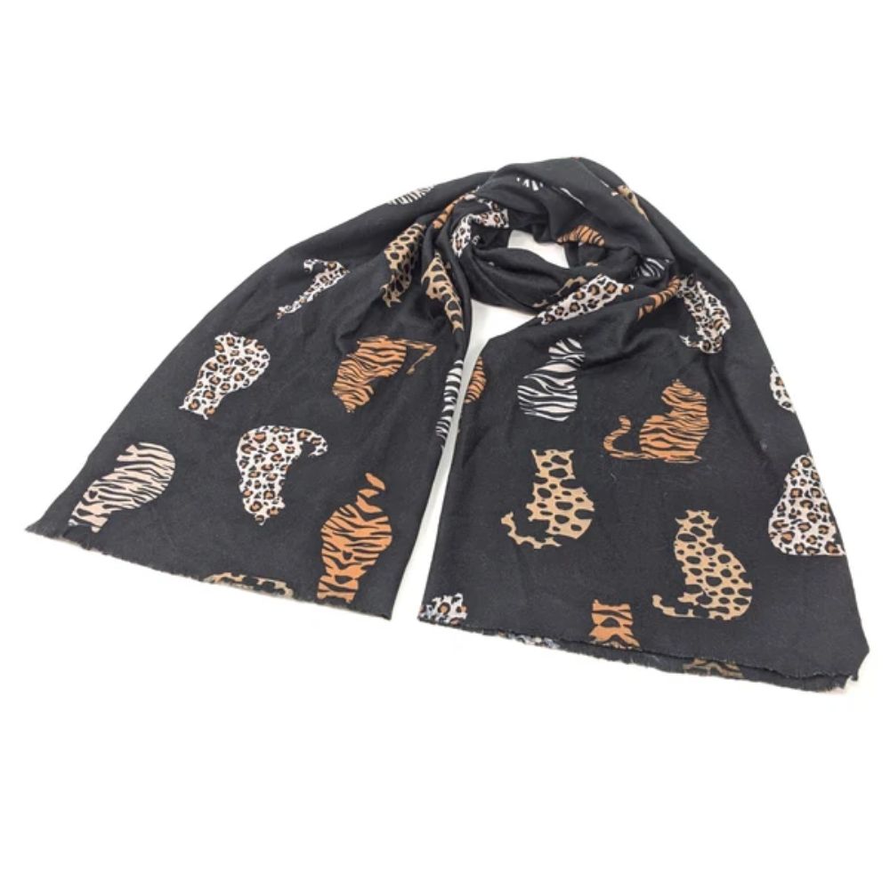 Black Ginger Lacarre - Animal Print Cats Scarf (70x180cm) - Black