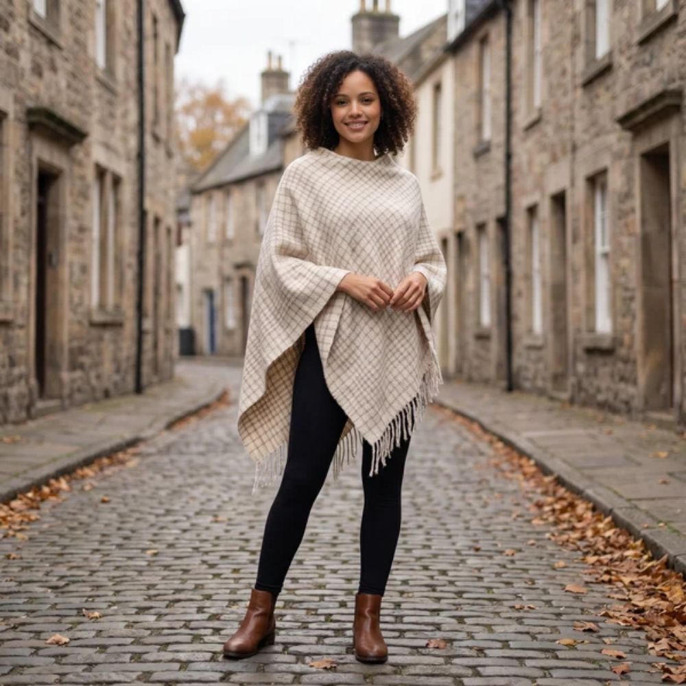 Black Ginger Laxia - Check Tasseled Poncho - Cream/Brown