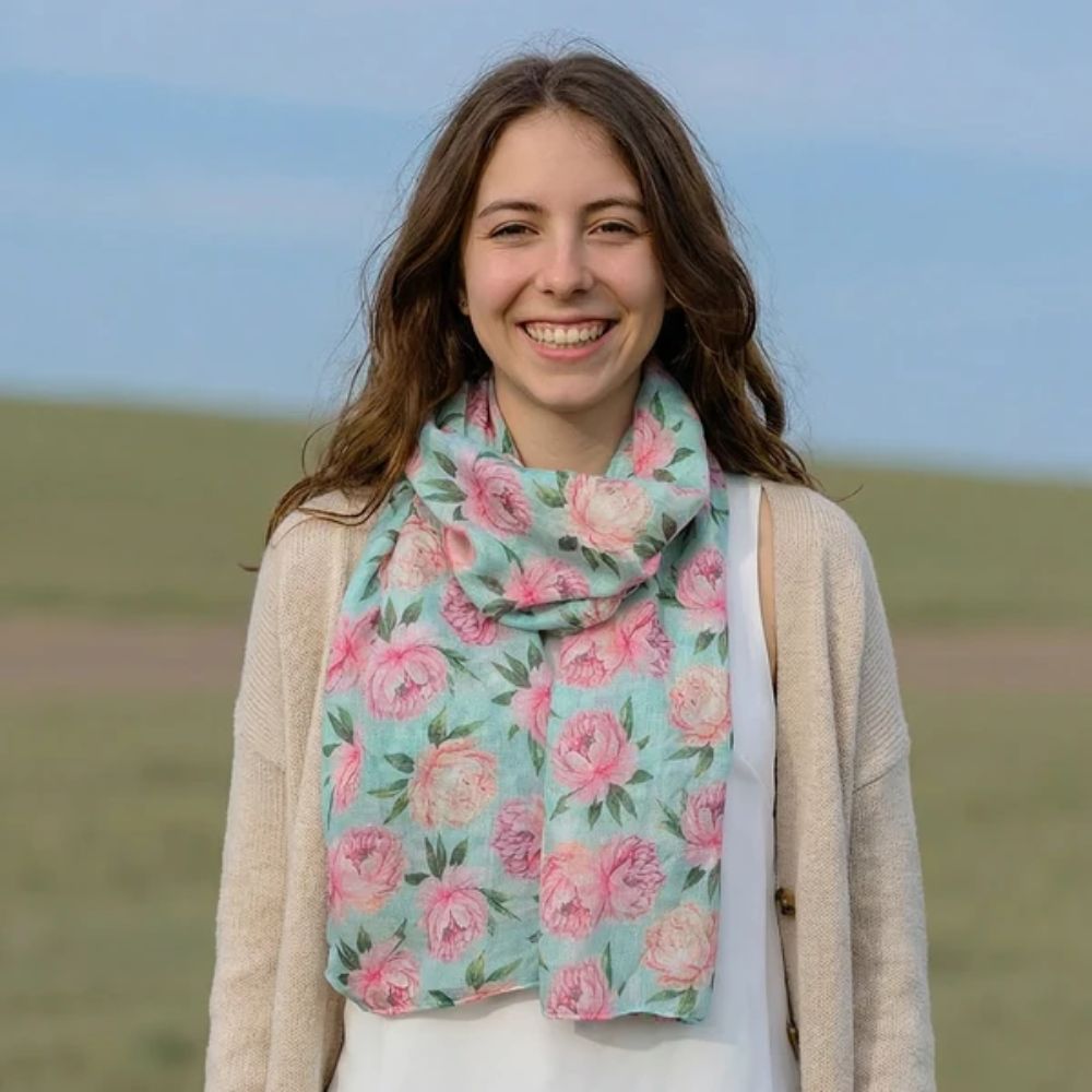 Black Ginger Mint Peony Scarf (50x180cm) - Exclusive Design