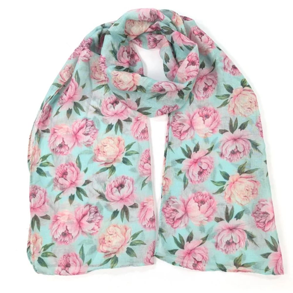 Black Ginger Mint Peony Scarf (50x180cm) - Exclusive Design