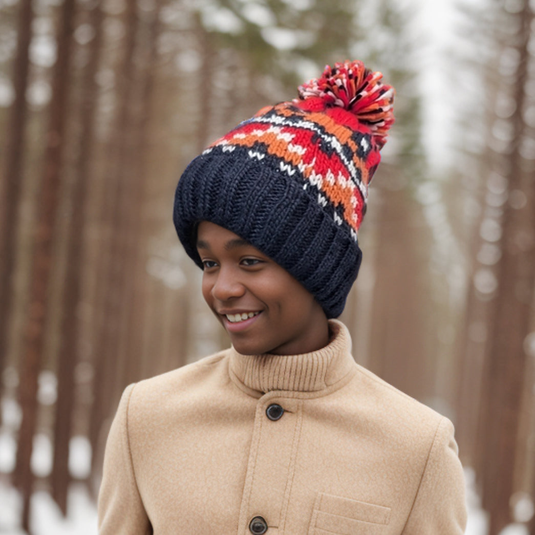 Black Ginger Nordic Style Children's Bobble Hat Red/Navy