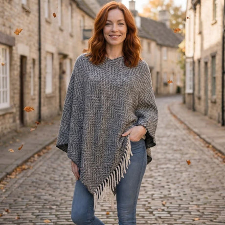 Black Ginger Orx - Herringbone Tasseled Poncho - Black