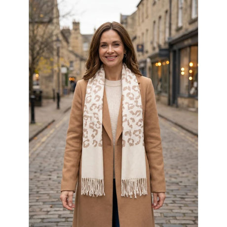 Black Ginger Bidart - Animal Print Embroidery Scarf (65x180cm) - Cream