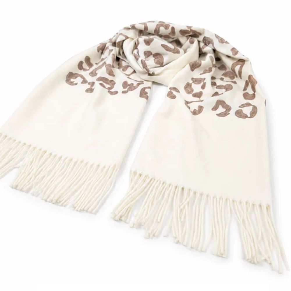 Black Ginger Bidart - Animal Print Embroidery Scarf (65x180cm) - Cream