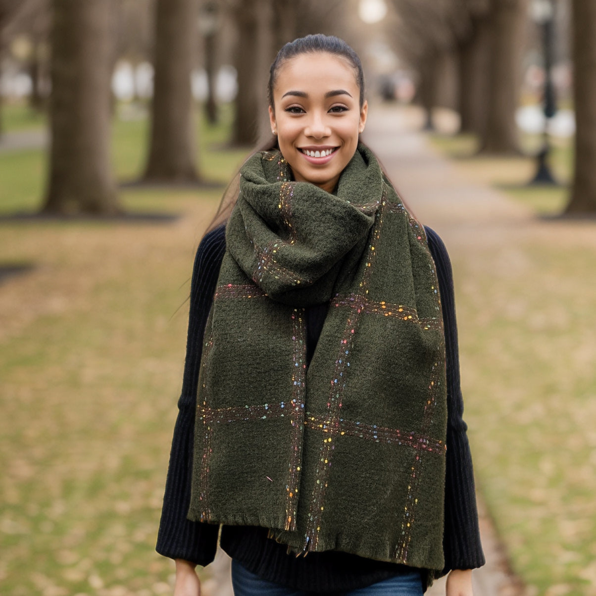 Black Ginger Pantai Spotty Box Thick Scarf - Green