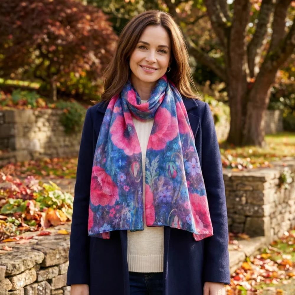 Black Ginger Pink Poppy Flower Scarf (70x180cm) - Exclusive Design