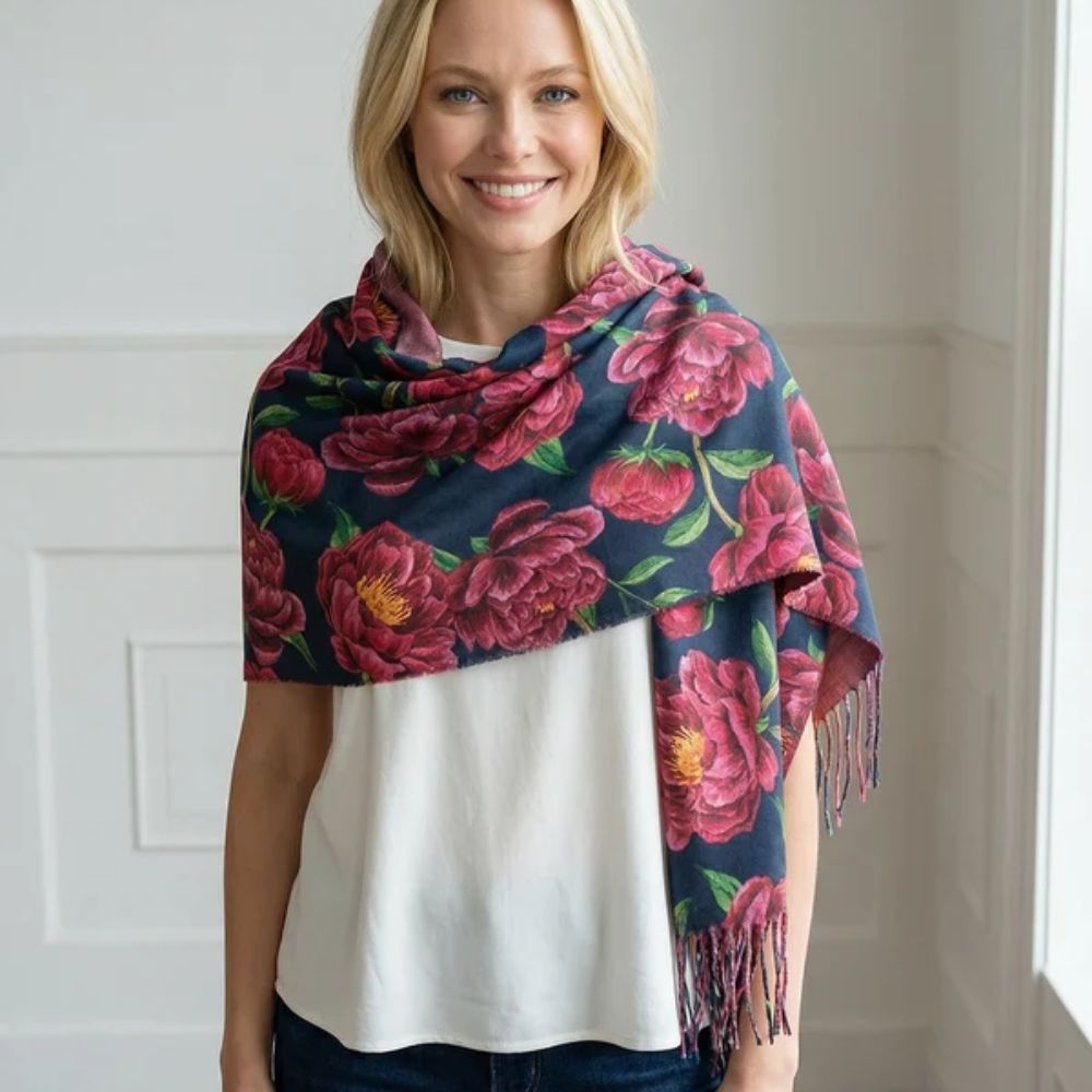 Black Ginger Ruby Peony Pashmina Style Scarf (70x180cm) - Exclusive Design