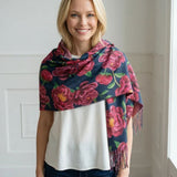 Black Ginger Ruby Peony Pashmina Style Scarf (70x180cm) - Exclusive Design