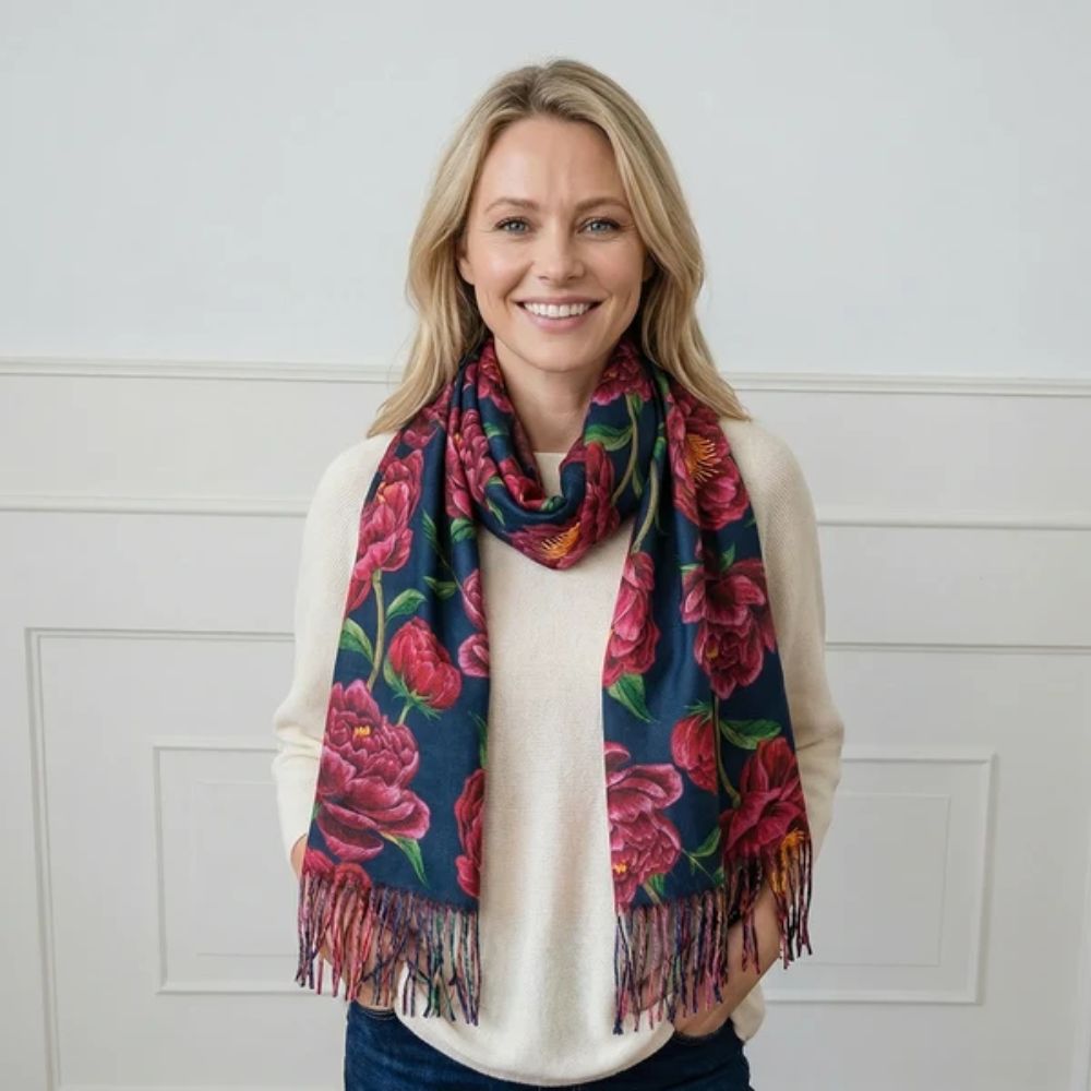 Black Ginger Ruby Peony Pashmina Style Scarf (70x180cm) - Exclusive Design
