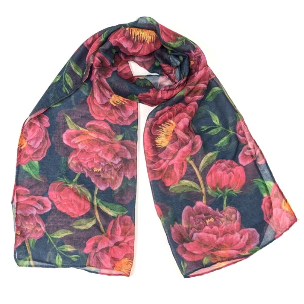 Black Ginger Ruby Peony Scarf (70x180cm) - Exclusive Design