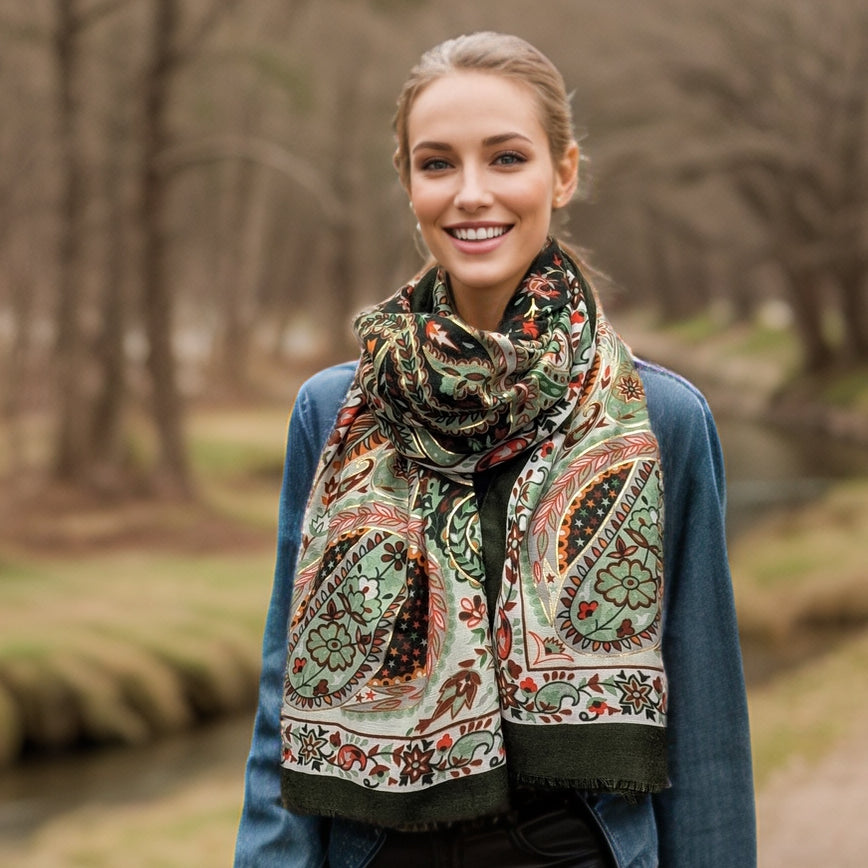 Black Ginger Sawan Golden Paisley Scarf - Green