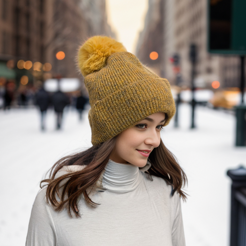 Black Ginger Sequin Faux Fur Pom Pom Hat - Mustard