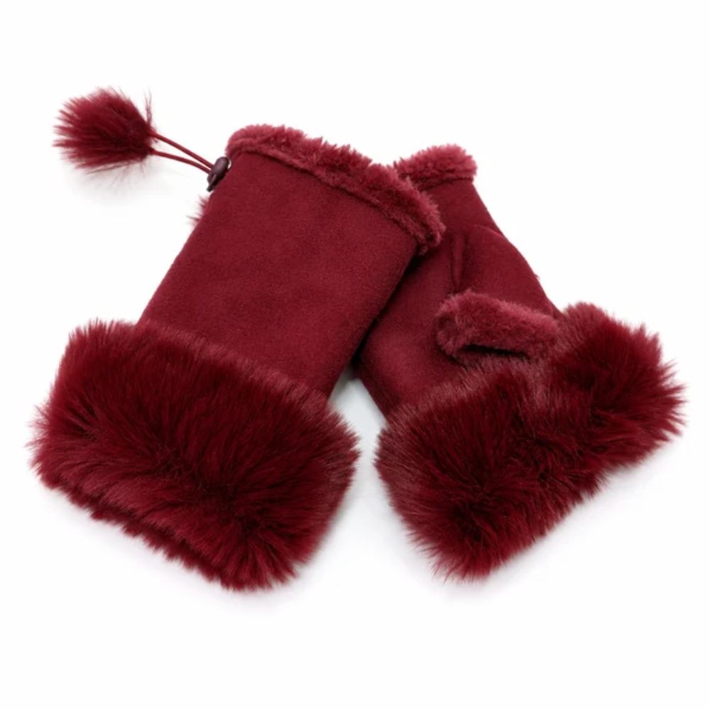 Black Ginger Suede Effect Fingerless Gloves - Wine Red