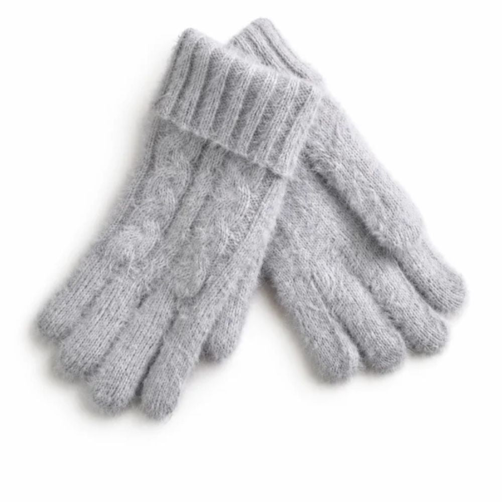 Black Ginger Super Fluffy Cable Knit Gloves - Light Grey