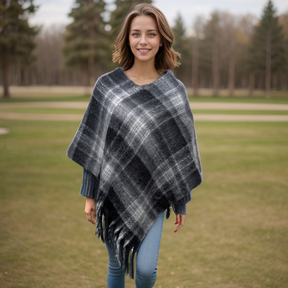 Black Ginger Thick Check Plaid Poncho - Monochrome