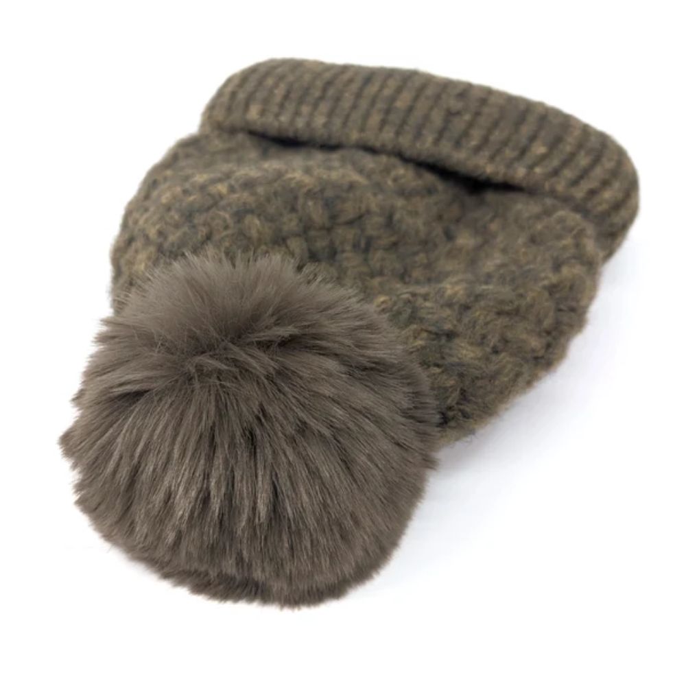 Black Ginger Weave PomPom Hat - Mocha
