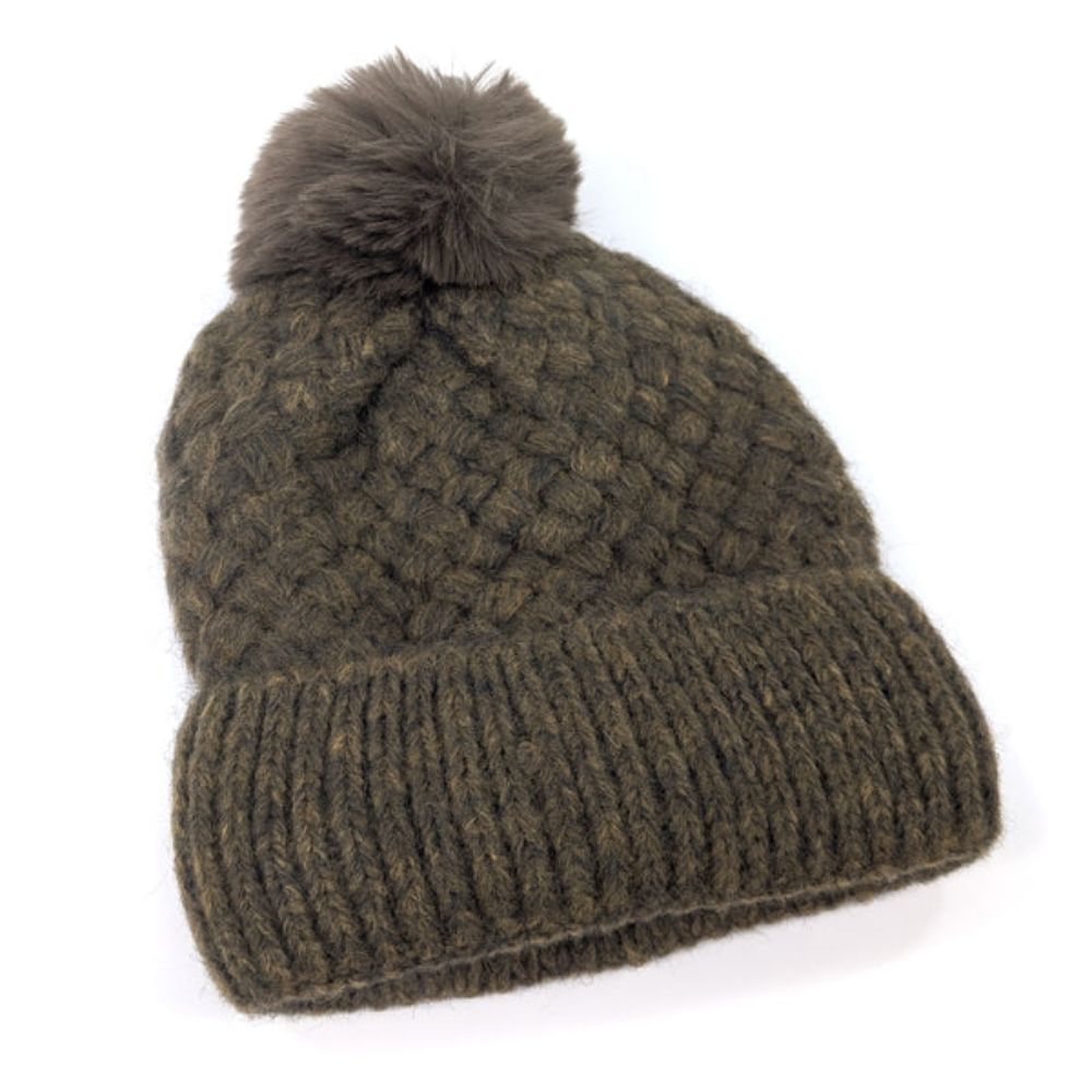 Black Ginger Weave PomPom Hat - Mocha