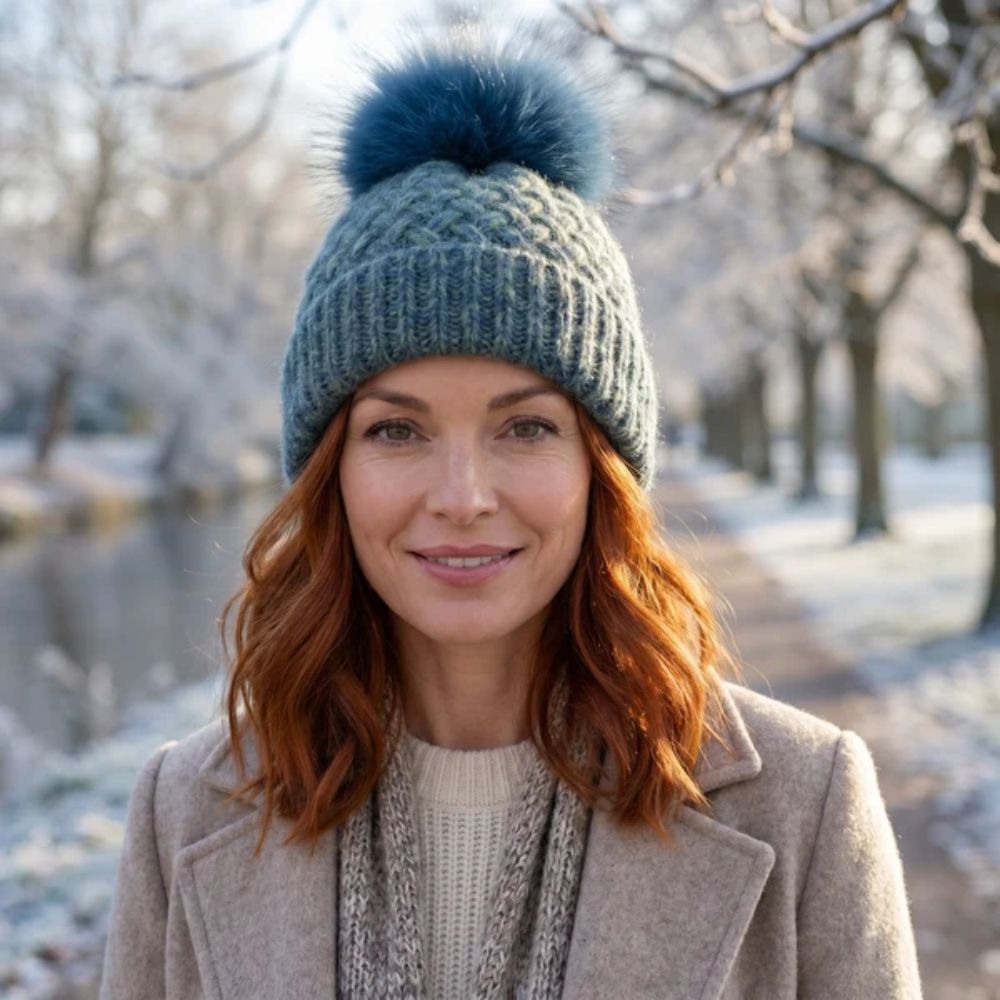 Black Ginger Weave PomPom Hat - Teal
