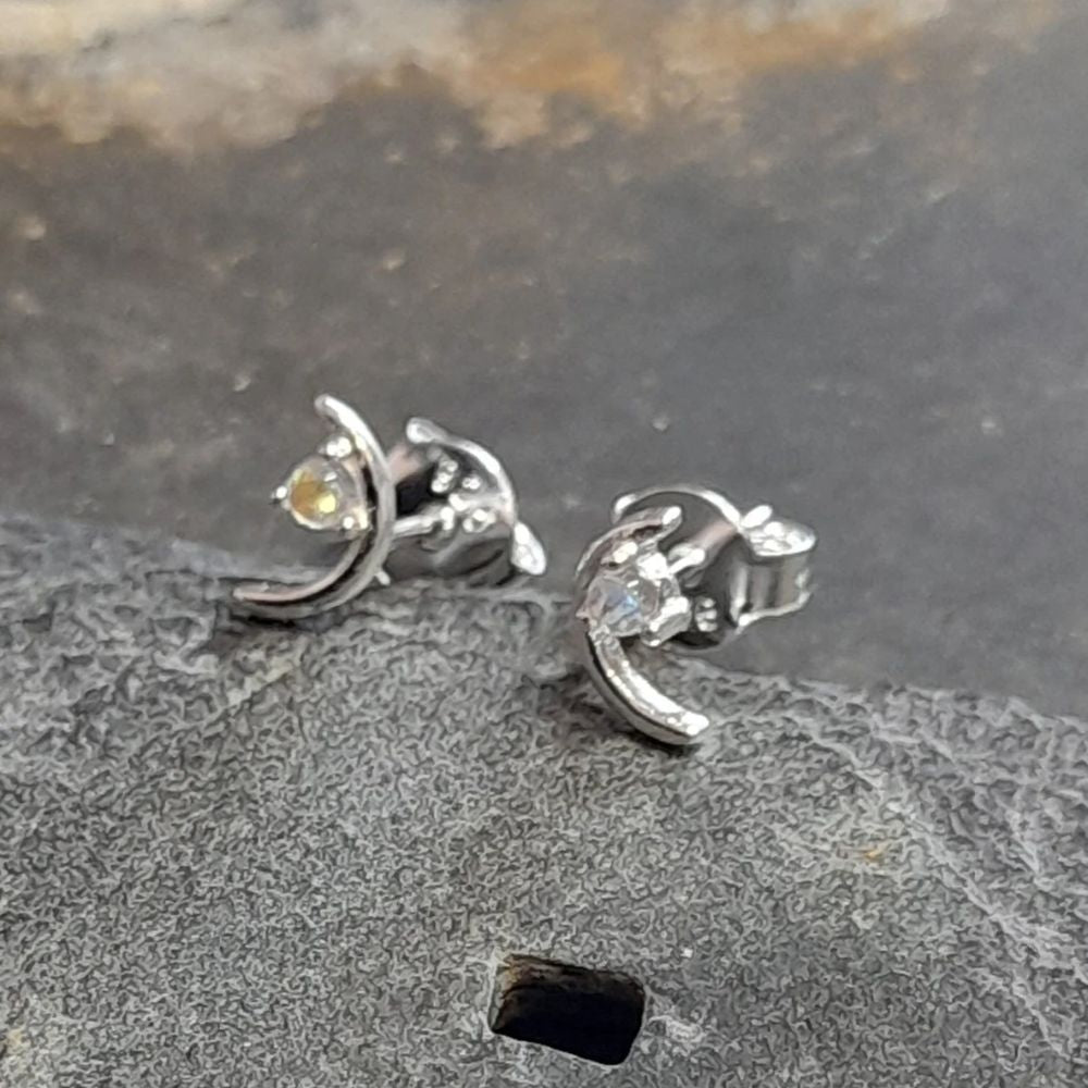 Blue Lily 8mm Moonstone Set in Crescent Moon Stud Earrings