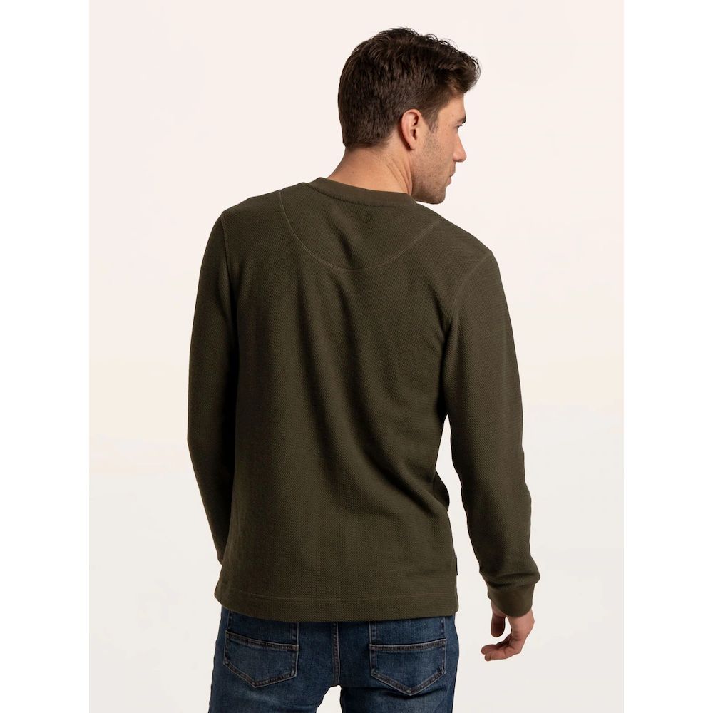 Brakeburn Arran Waffle Textured Henley Long Sleeve Top - Green