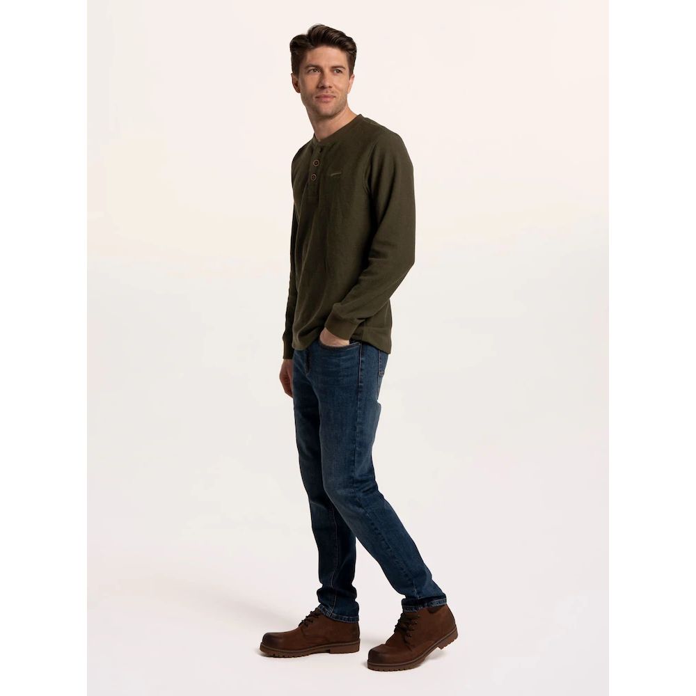 Brakeburn Arran Waffle Textured Henley Long Sleeve Top - Green