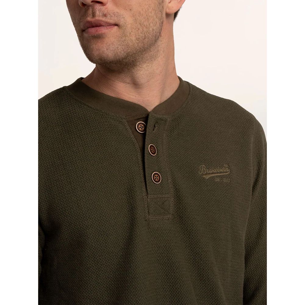 Brakeburn Arran Waffle Textured Henley Long Sleeve Top - Green