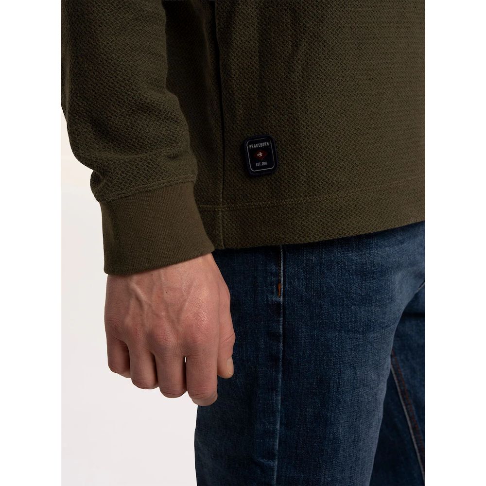 Brakeburn Arran Waffle Textured Henley Long Sleeve Top - Green