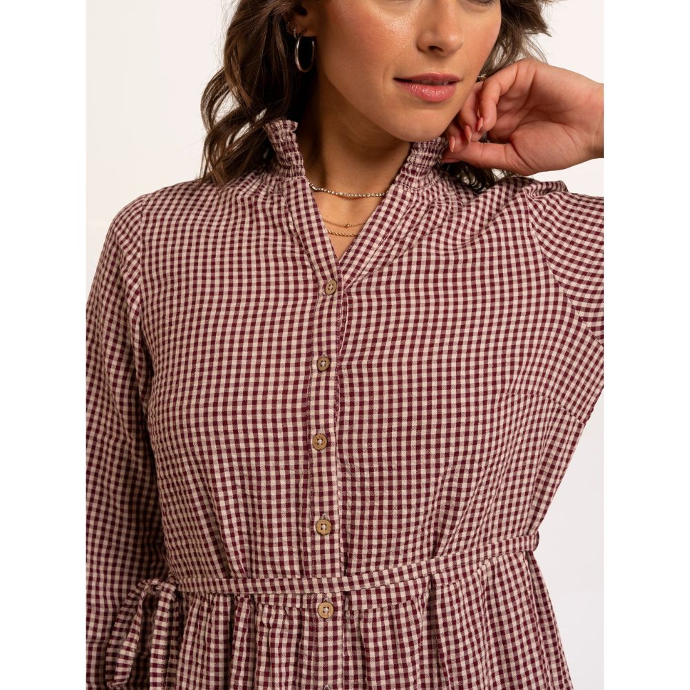 Brakeburn Beech Checkered Frill Midi Dress - Brown