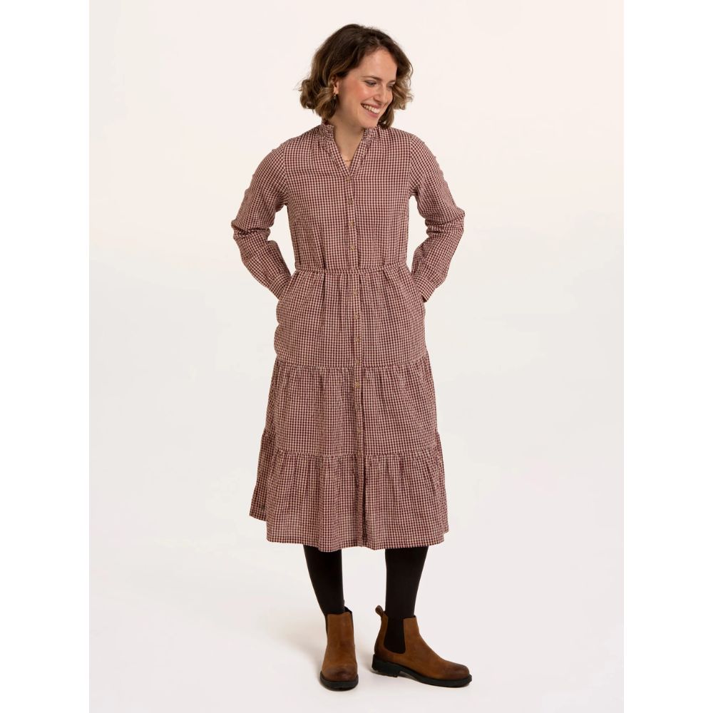Brakeburn Beech Checkered Frill Midi Dress - Brown