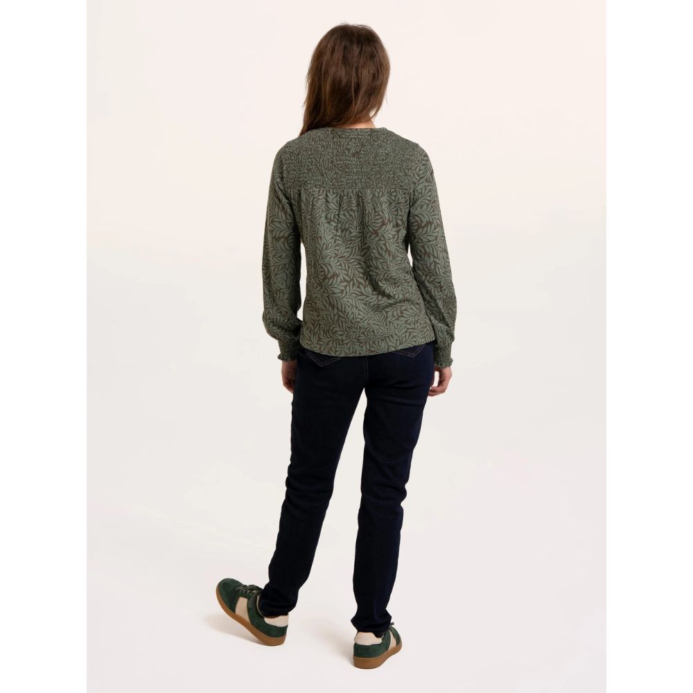 Brakeburn Brenda Smock Front Leaf Long Sleeve T-Shirt - Green