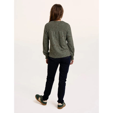 Brakeburn Brenda Smock Front Leaf Long Sleeve T-Shirt - Green